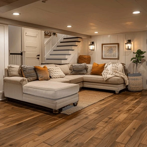 Engineered hardwood flooring installed over a concrete basement slab