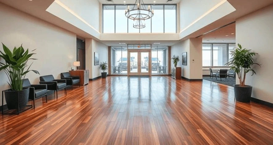 Commercial wood flooring in an office lobby with engineered hardwood over a concrete slab