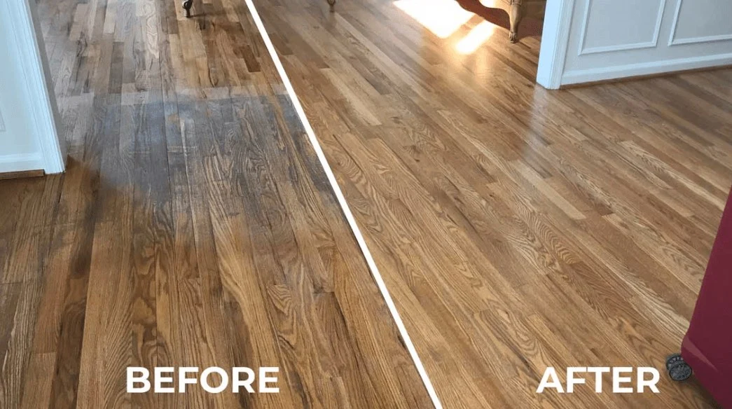 Red oak hardwood floor refinishing shown before and after sanding and recoating