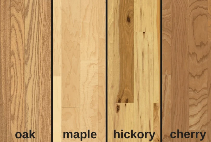 Oak, maple, hickory, and cherry hardwood flooring samples side by side for color matching
