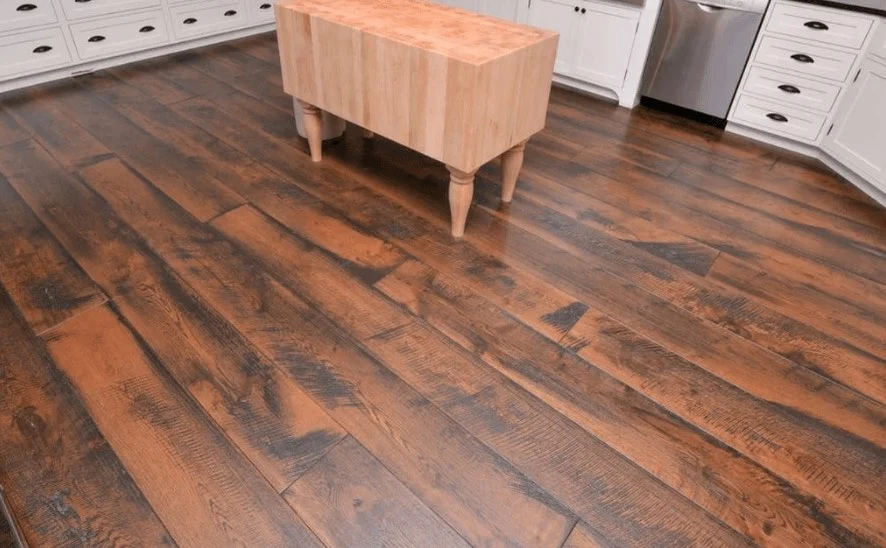 Wide-plank custom hardwood flooring with pronounced grain variation